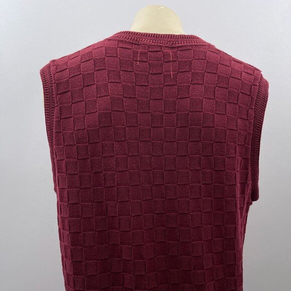 Vintage 90s Maroon Sleeveless V-Neck Sweater Vest Pullover Checkered Textured M - Picture 4 of 9